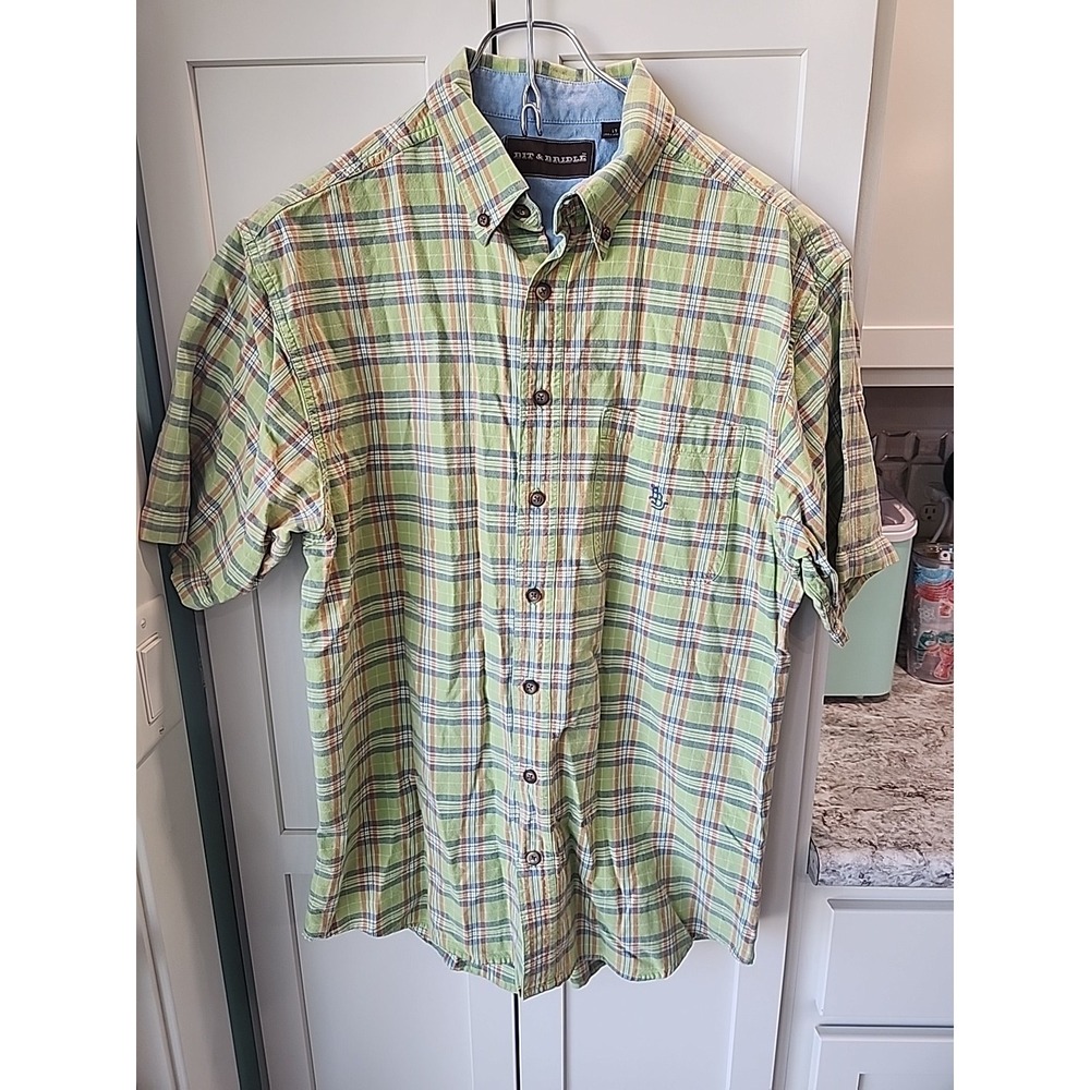 Bit and Bridle Green Plaid Button Down‎ Shirt Mens Sz LT Short Sleeve Cotton